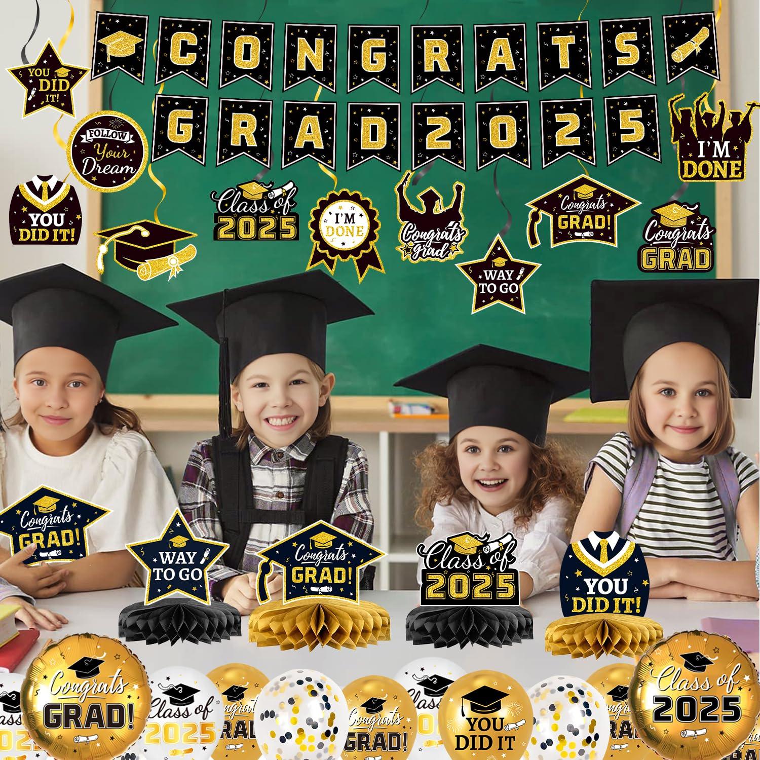 Graduation Party Decorations Class of 2025 Graduation Party Supplies Congrats Grad Banner Class of 2025 Backdrop, Paper Pompoms, Balloons for Congrats Grad Party Decorations (Burgundy-Gold)