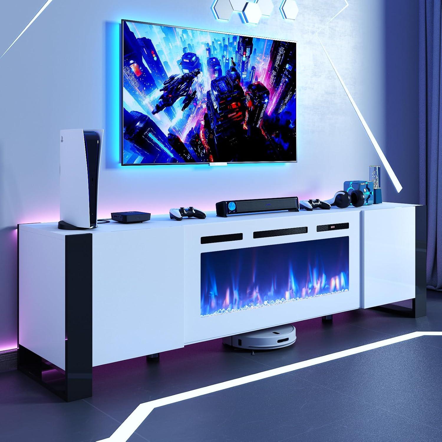 White 70'' Modern Fireplace TV Stand with Cabinets