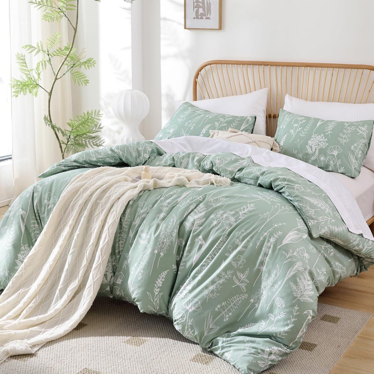 2 Pcs Floral Printed Reversible Sage Green Comforter Set Twin/Twin XL Size Soft Designed Plants Pattern Bedding Set - Bedsure