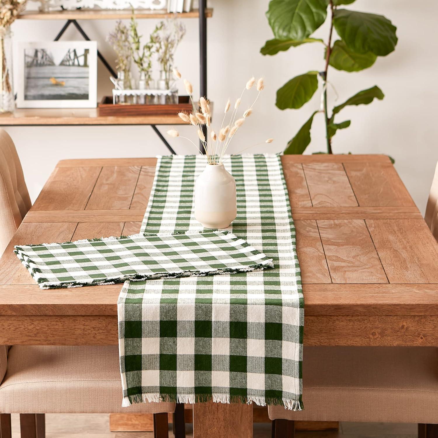 Hunter Green and White Cotton Checkered Fringed Placemats, Set of 6