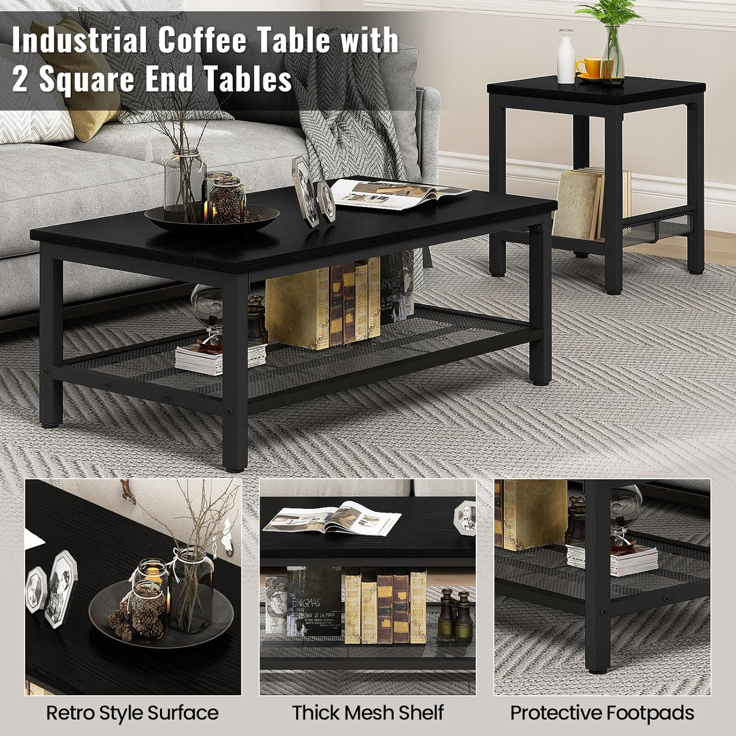 AWQM 3 Pieces Coffee Table Set, Industrial Coffee Table with 2 Square End Side Tables, Modern Living Room Table Set with Metal Frame for Apartment Home Office, Black