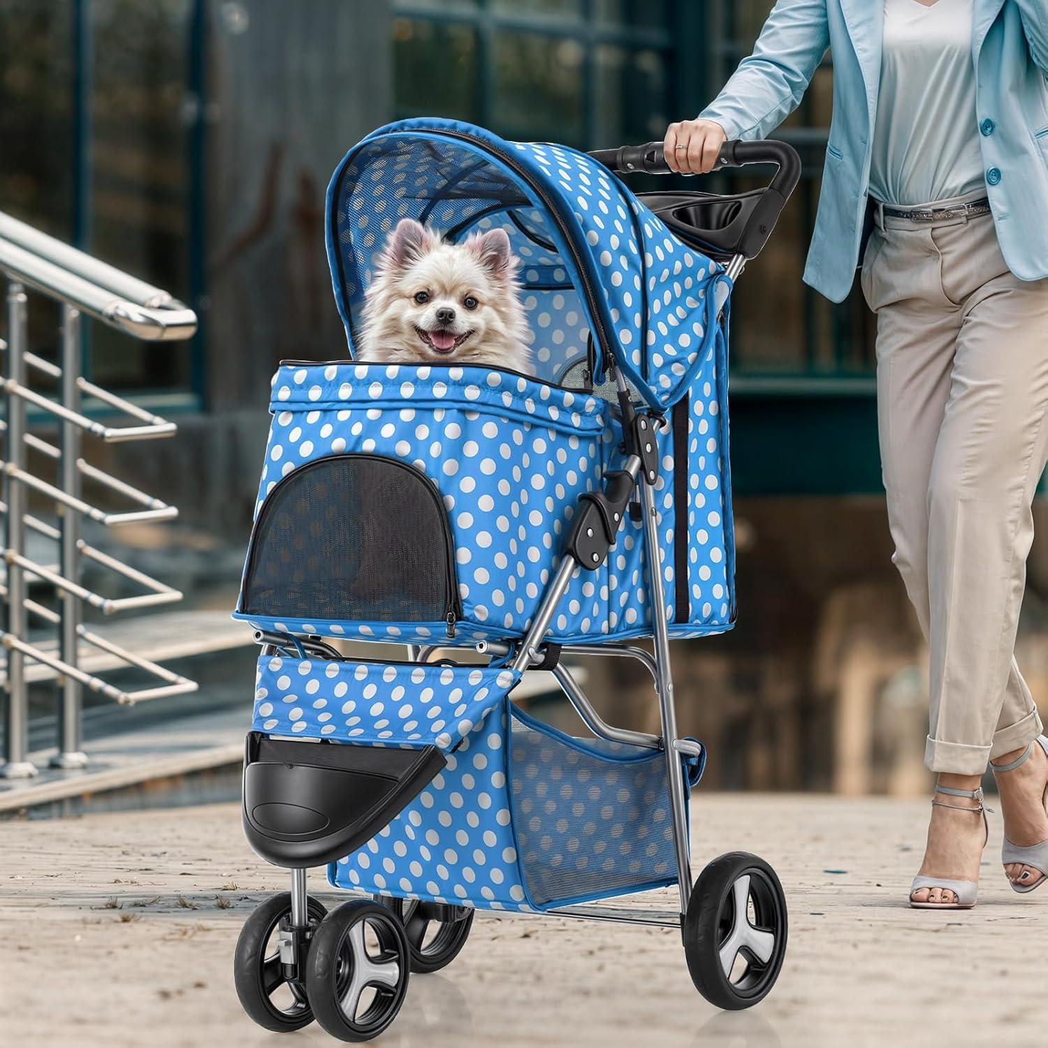 Magshion Foldable Pet Dog and Cat Stroller with Adjustable Canopy Storage Basket and Cup Holder for Small and Medium Pets