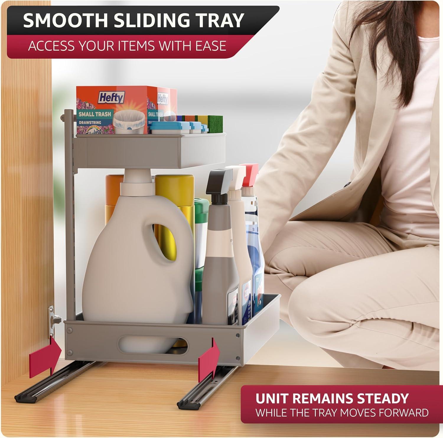 Sorbus Sorbus Under Sink Organizer with Sliding Tracks and Adhesive Tape - 2-Tier Pull-Out Storage Rack for Kitchen and Bathroom - No Drill Under Sink Organization Storage Cabinet Shelf, Set of 2