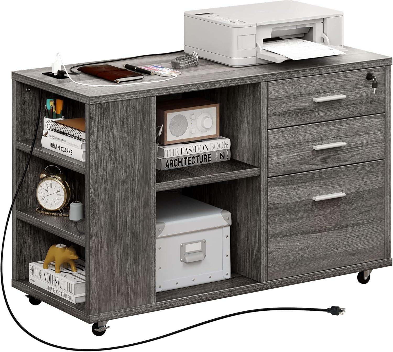 Gray Wood Mobile File Cabinet with Charging Station and Lock