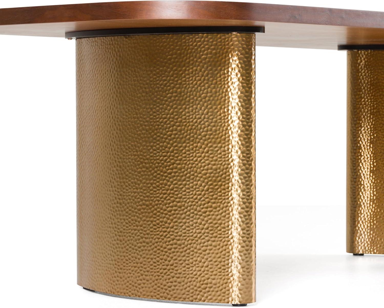 Walnut and Gold Rectangular Dining Table with Double Pedestal Base