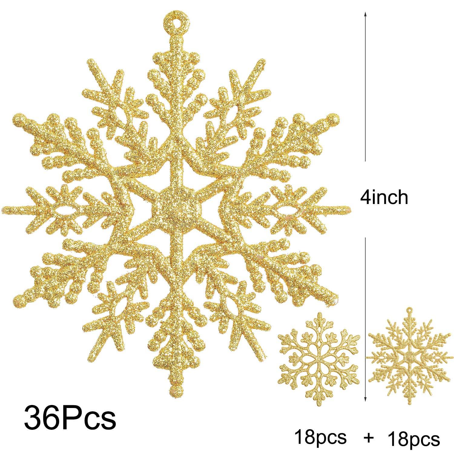 DearHouse 36Pcs Christmas Glitter Snowflake Ornaments, 4 Inch Plastic Snowflake Christmas Tree Ornaments Decorations for Winter Wonderland Christmas Party Decorations, Gold