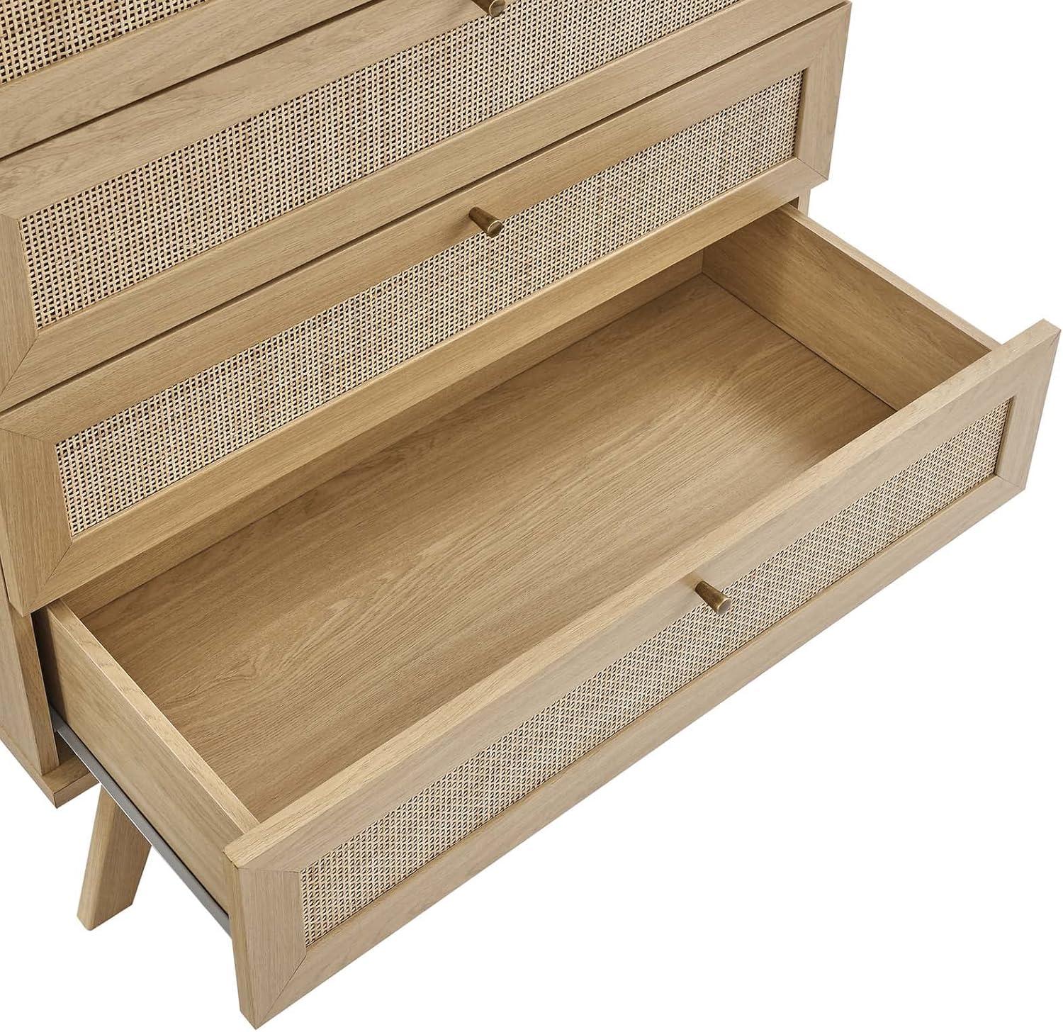 Soma Oak 5-Drawer Chest with Rattan Weave and Splayed Legs