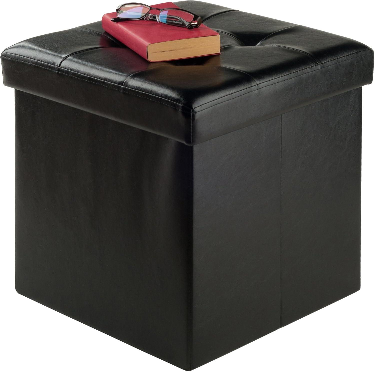 Ashford 15" Black Faux Leather Square Storage Ottoman