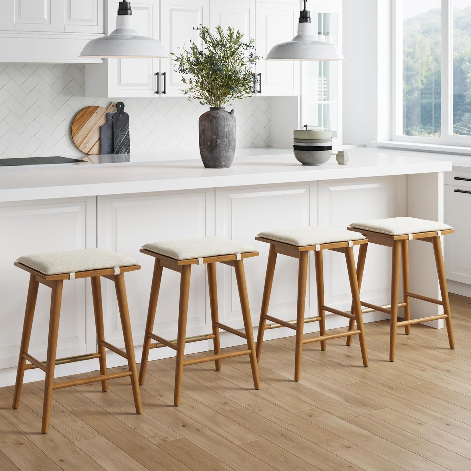 Brown Wood and Metal Backless Saddle Barstool Set