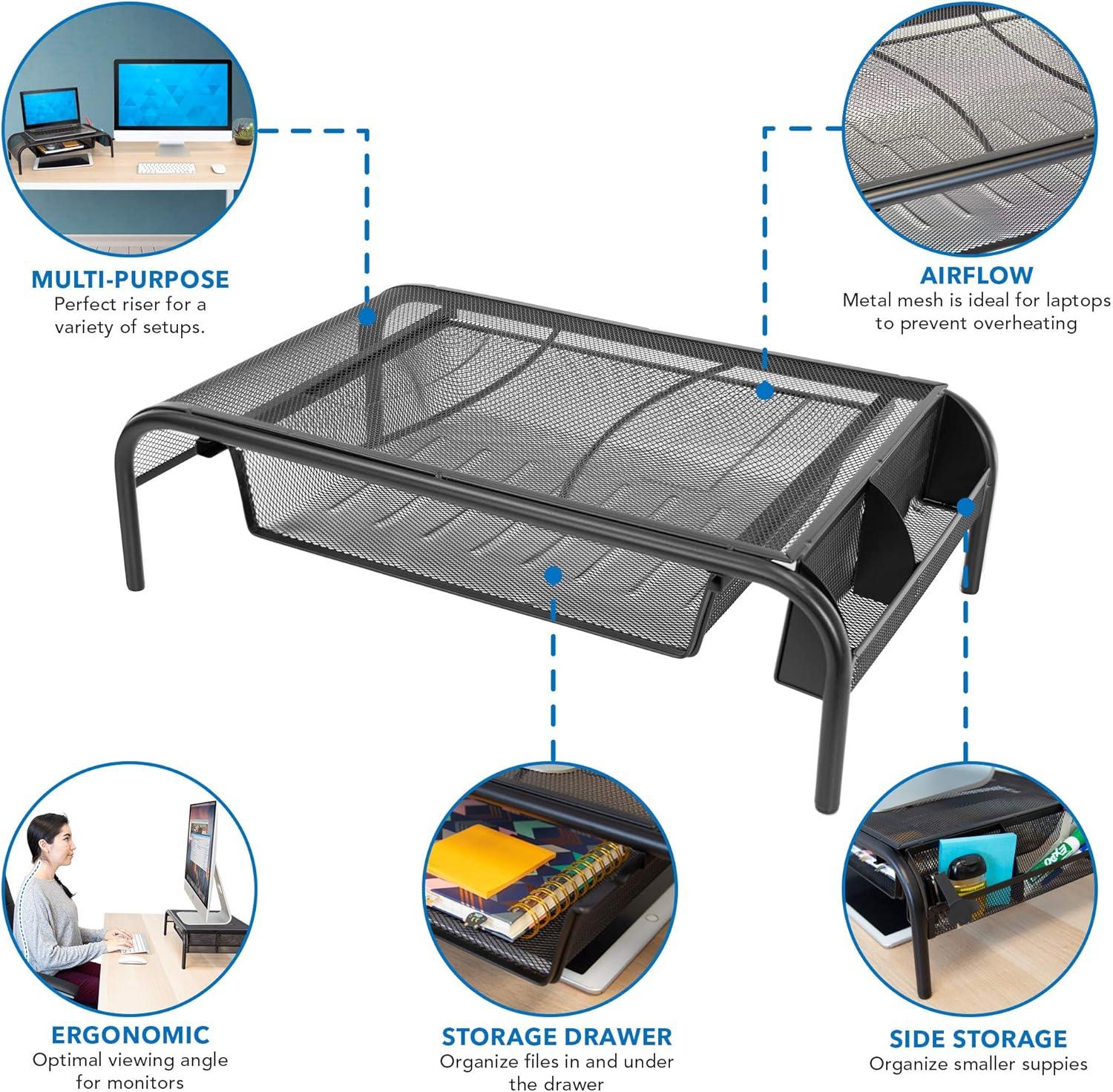 Mount-It! Metal Mesh Computer Monitor Stand and Riser with Pullout Drawer