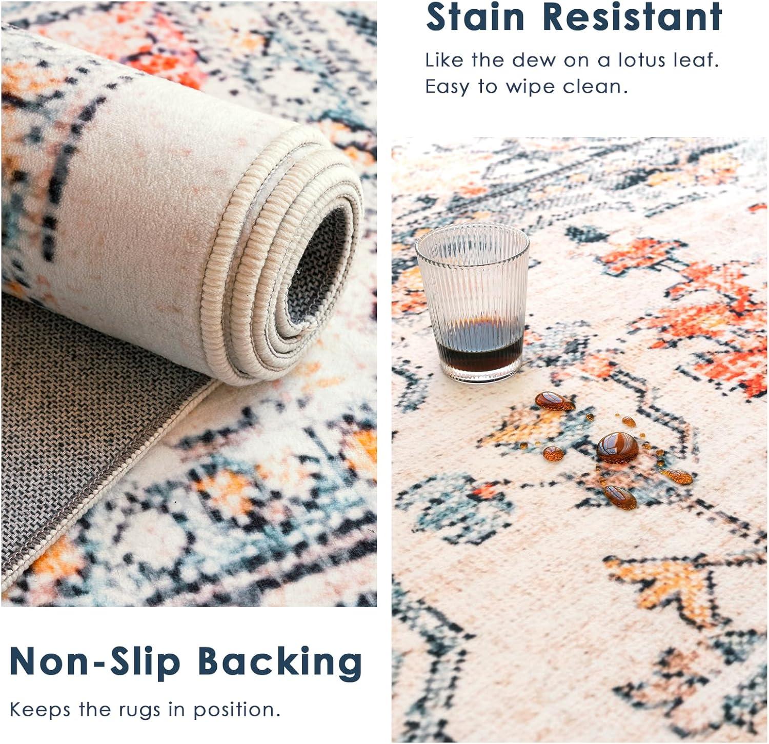 VK VK·LIVING 9x12 Area Rug Washable Rugs for Living Room Rug Vintage Design Boho Rug with Non Slip Living Room Rug Bedroom Carpet Stain Resistant, Home Decor, Blue&Orange