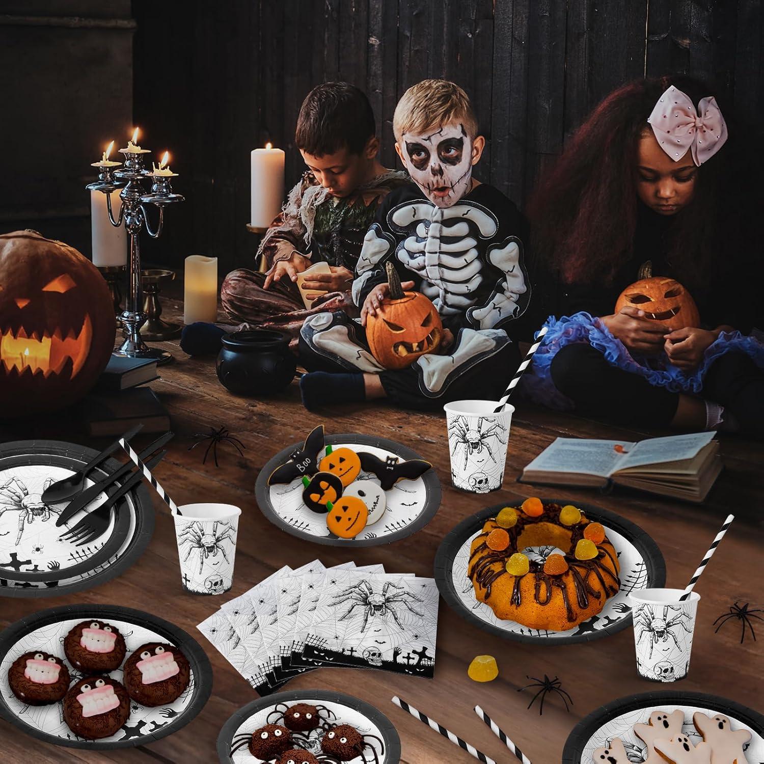 WhizMax 215 Pcs Halloween Plates and Napkins Set Serve 25, Spider Skeleton Disposable Tableware Set  - Plates, Cups, Napkins, Halloween Tableware