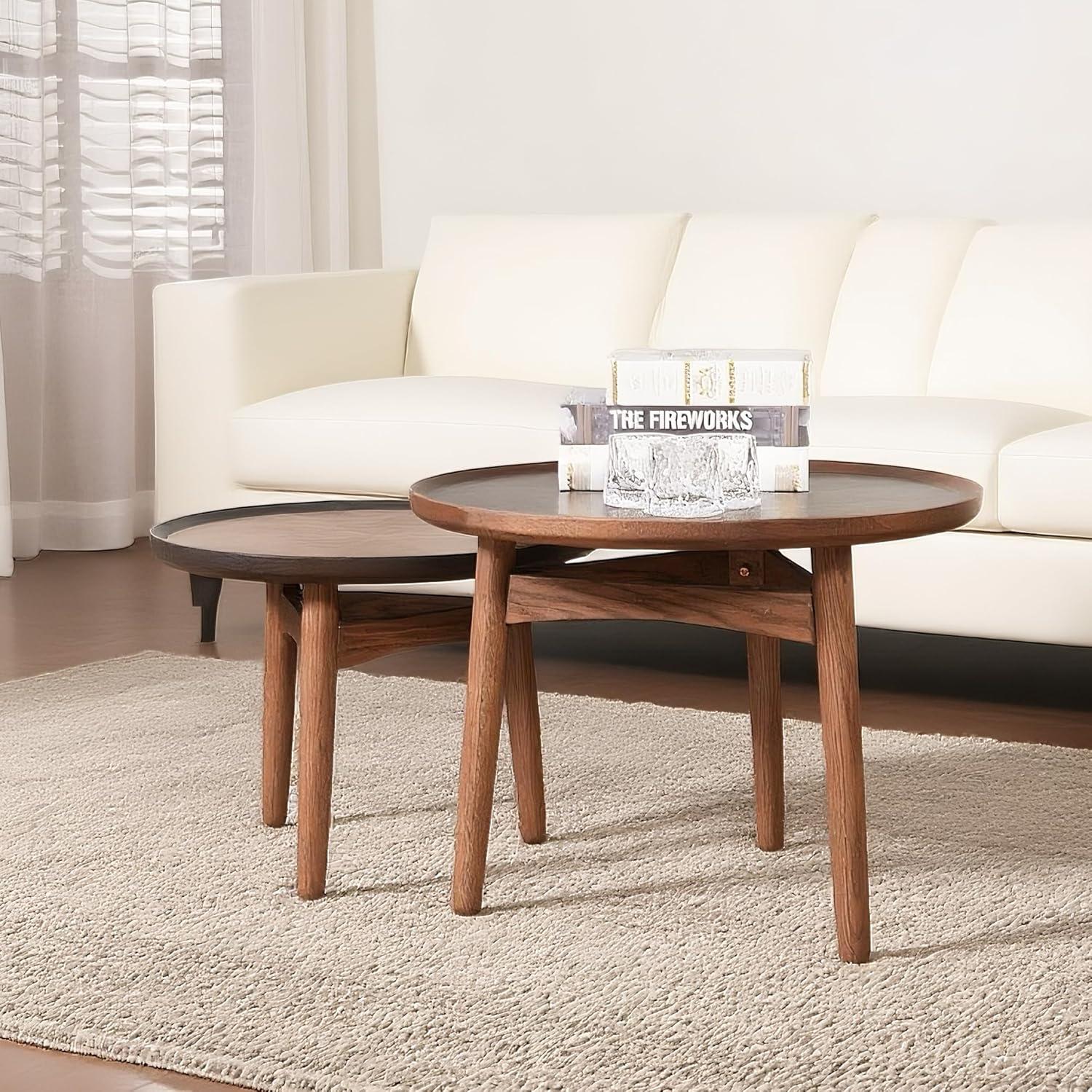 CONSDAN Nesting Table, Solid Oak Hardwood Structure Round Coffee Table & Side Table with Solid Wood Feet for Living Room, Bedroom, Balcony - Standard