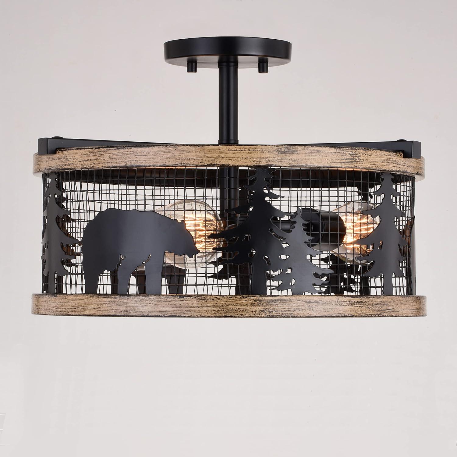 Kodiak 16-in W Black and Teak Rustic Semi Flush Mount Ceiling Light Bear and Tree Motif