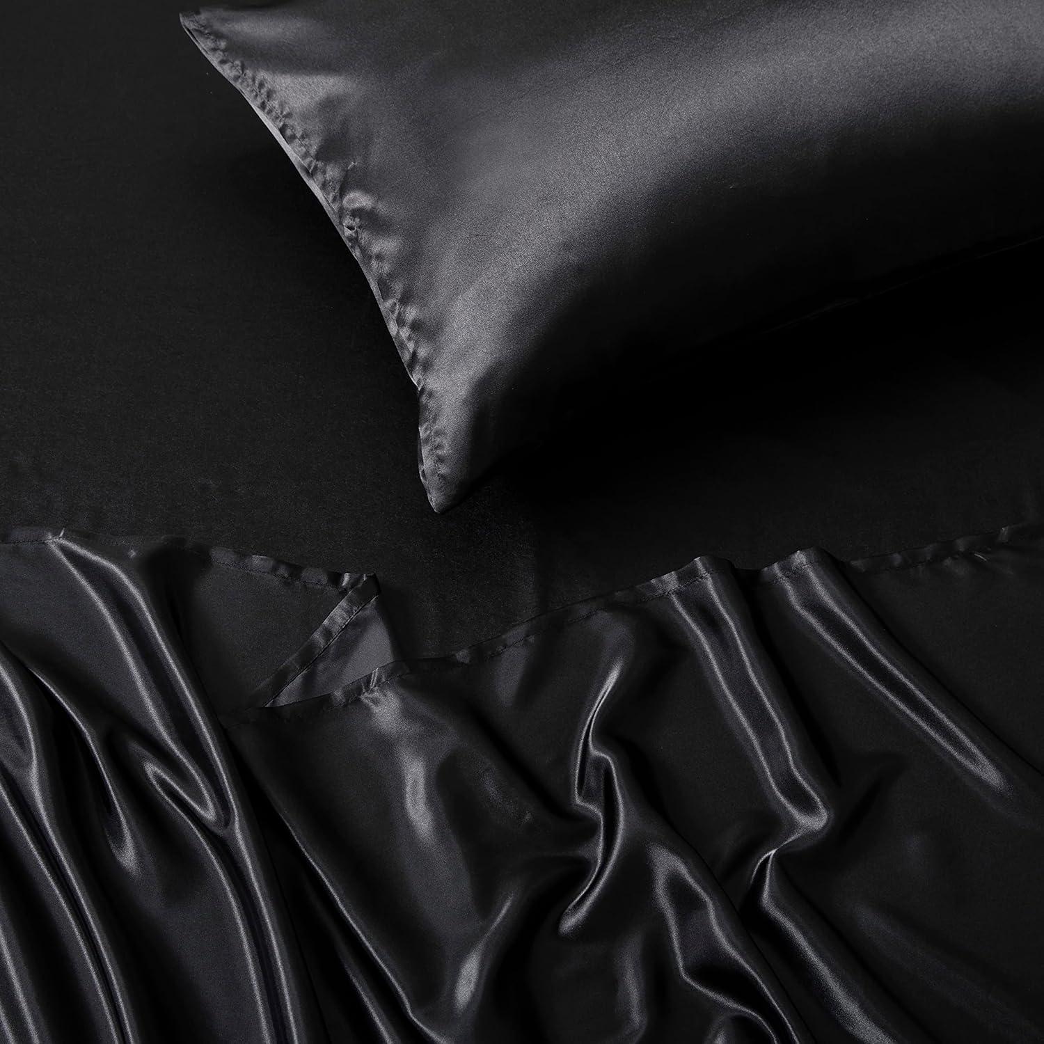 Black Satin Full Size 4-Piece Deep Pocket Sheet Set