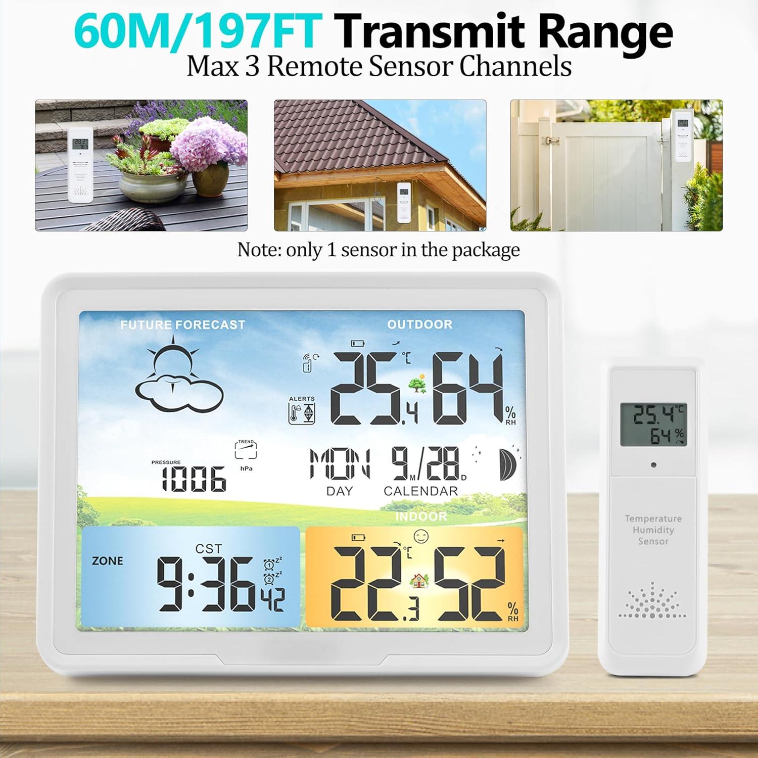 Weather Station Wireless Indoor Outdoor Thermometer, Color Display Digital Thermometer Humidity Monitor with Atomic Clock, Forecast Station with Calendar and Adjustable Backlight for Home