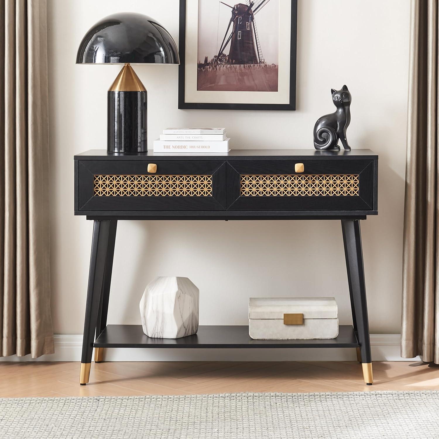 JYED Mid Century Modern Console Table with Gold Accent - 66" Entryway Table with Drawers, Faceted Taper Legs & Ventilated Storage for Hallway (Black)