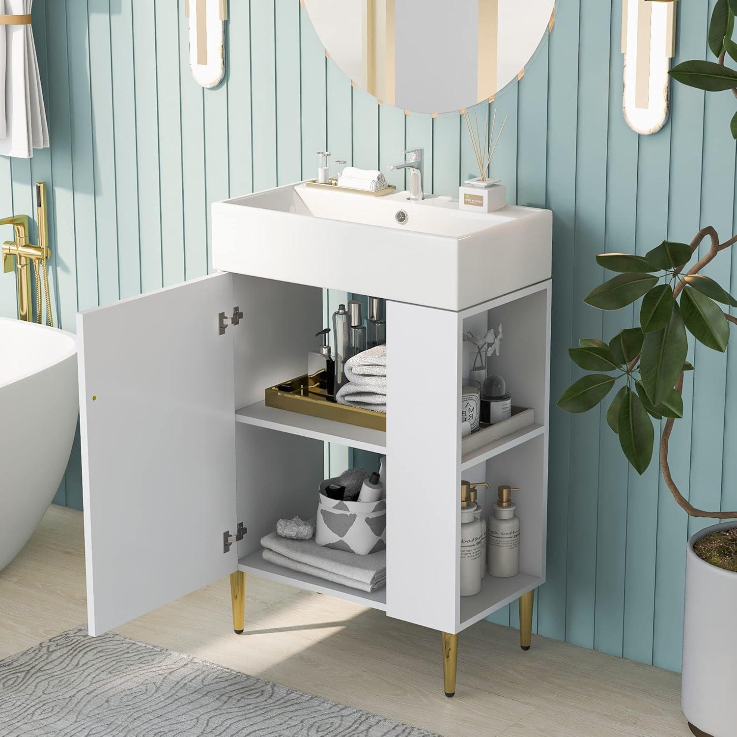 21.6'' White and Gold Freestanding Bathroom Vanity with Ceramic Sink