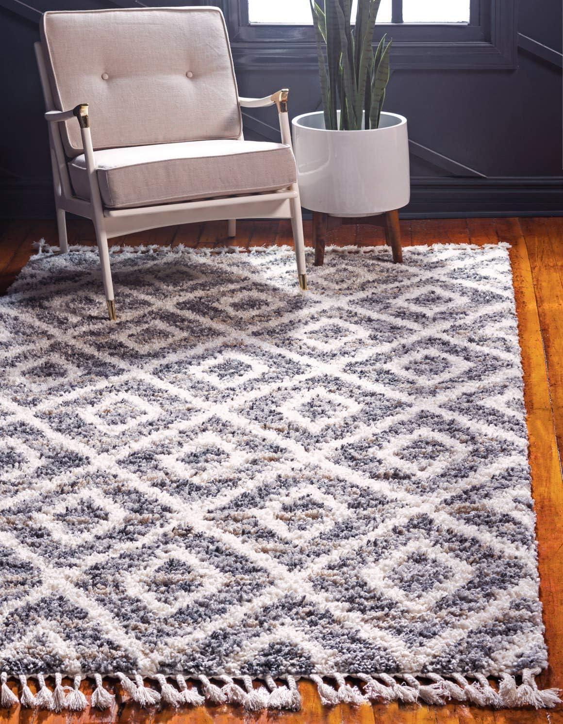Unique Loom Hygge Shag Collection Area Rug - Diamond (9' x 12' 2" Rectangle, Gray/ Beige)