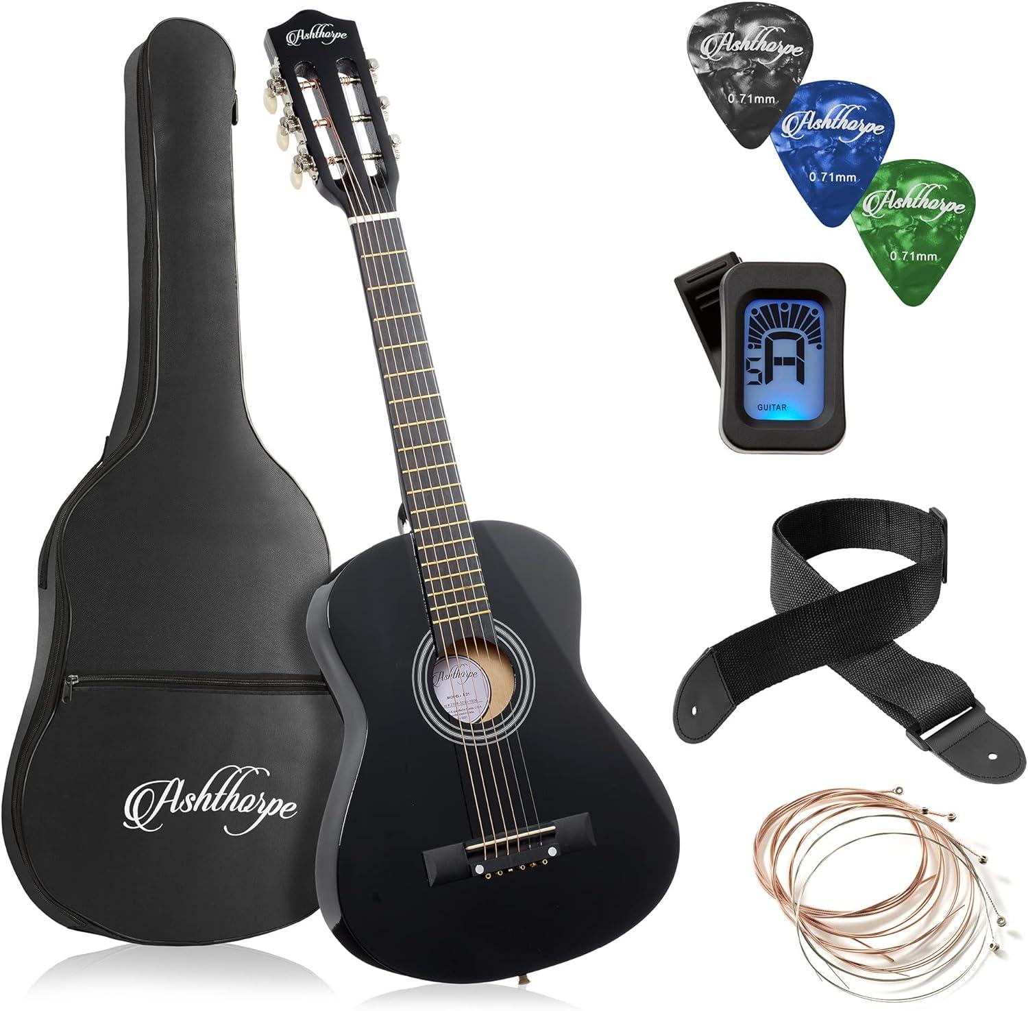 Ashthorpe 30-Inch Beginner Acoustic Guitar - Black, Basic Starter Kit with Gig Bag and Accessories