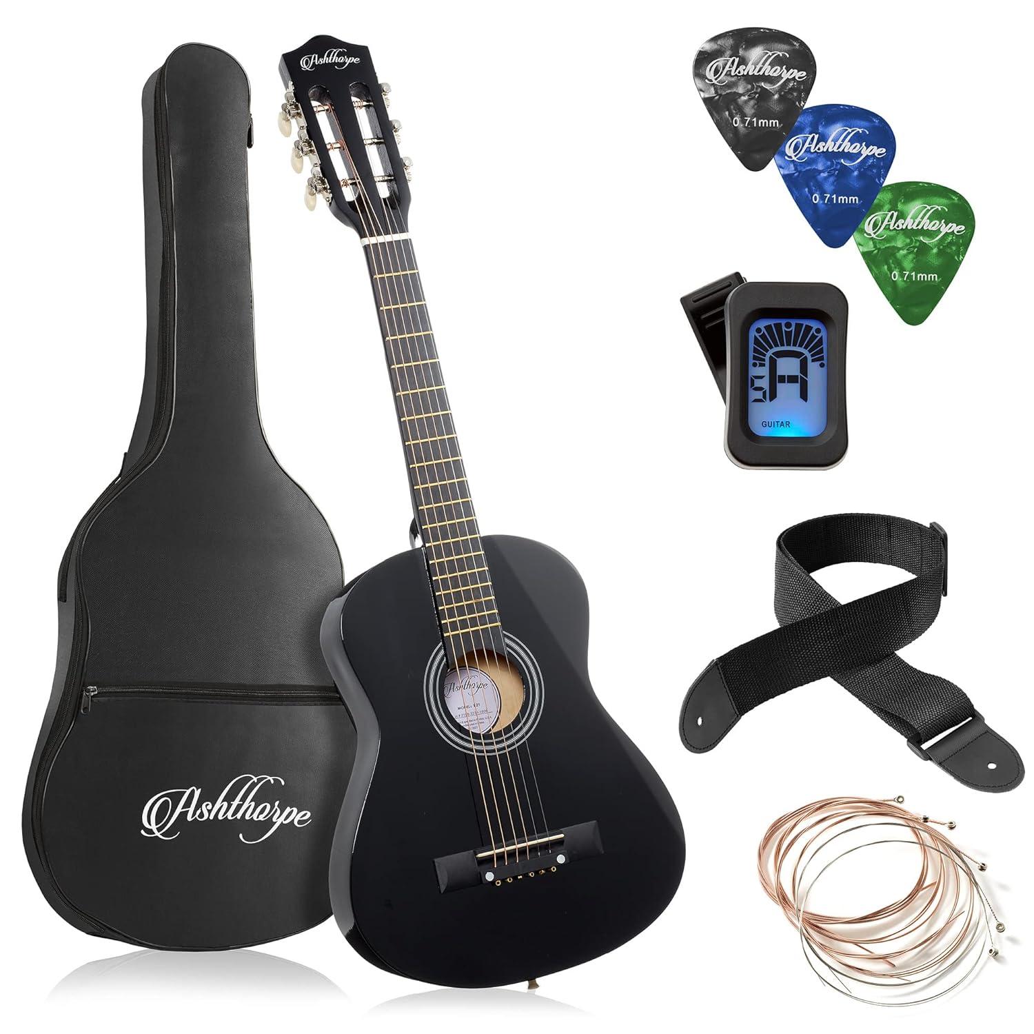 Ashthorpe 30-Inch Beginner Acoustic Guitar - Black, Basic Starter Kit with Gig Bag and Accessories