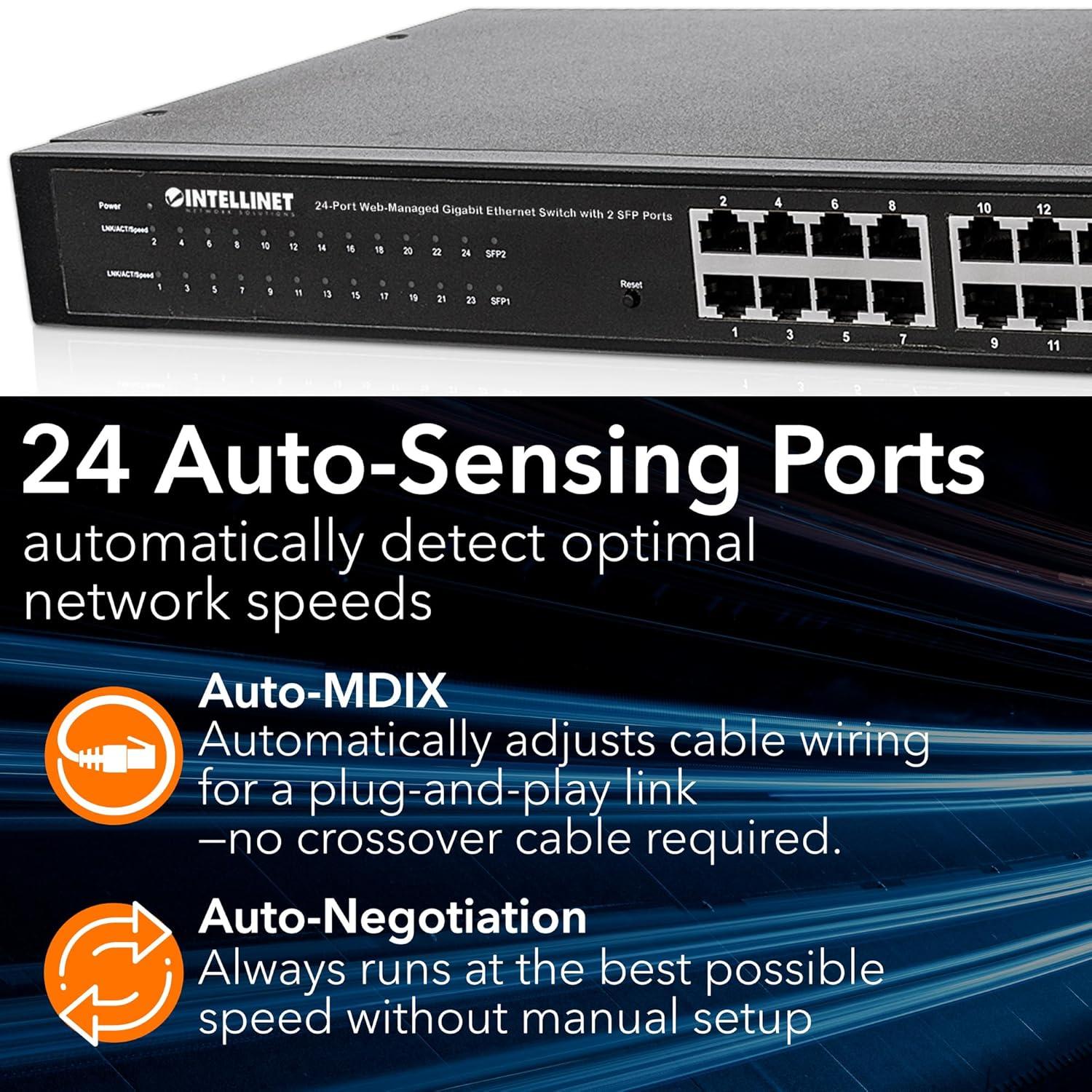Intellinet 24-Port Web-Managed Gigabit Ethernet Switch with 2 SFP Ports | Fanless | VLAN, SNMP, 802.1X | NDAA