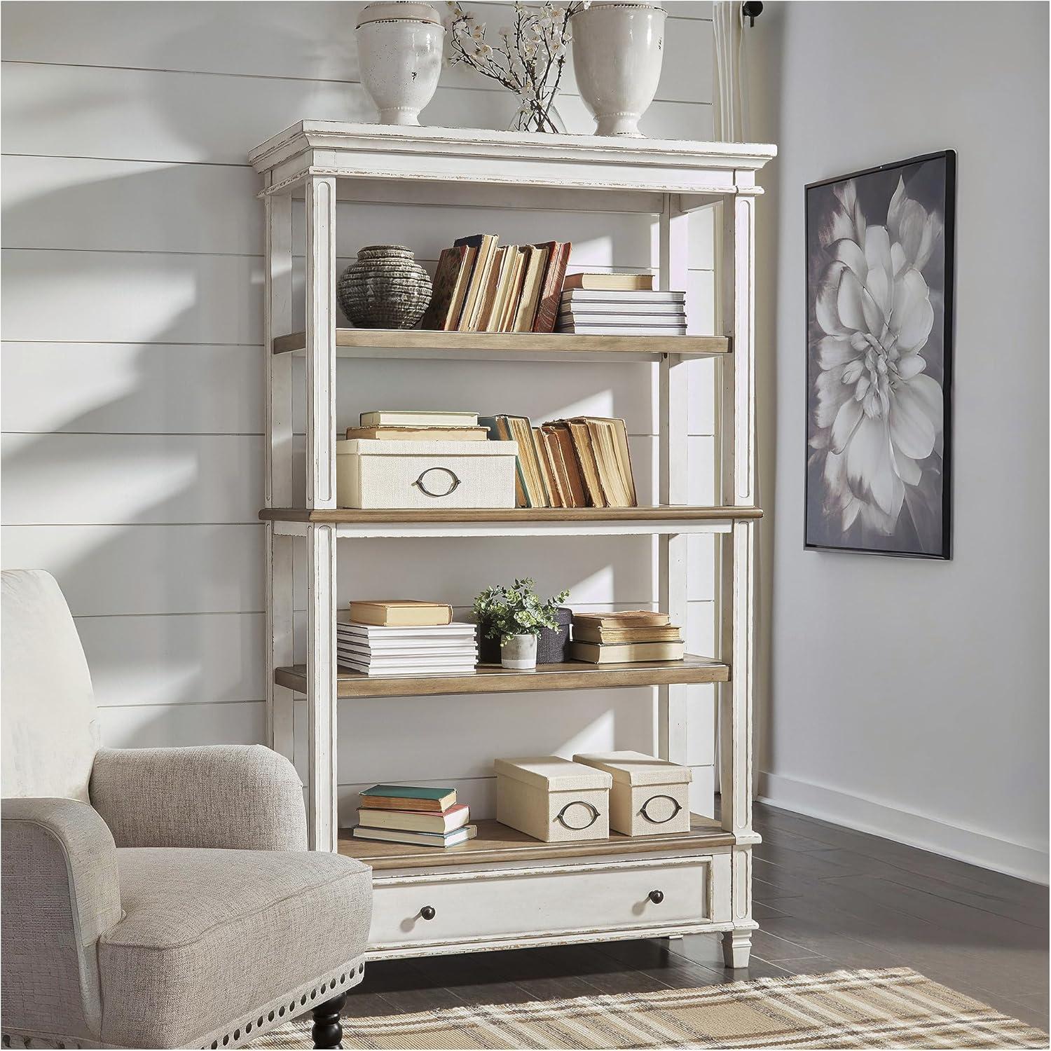 75" Realyn Bookshelf - Signature Design by Ashley: Cottage Style, Antiqued Two-Tone Finish, Open Shelves