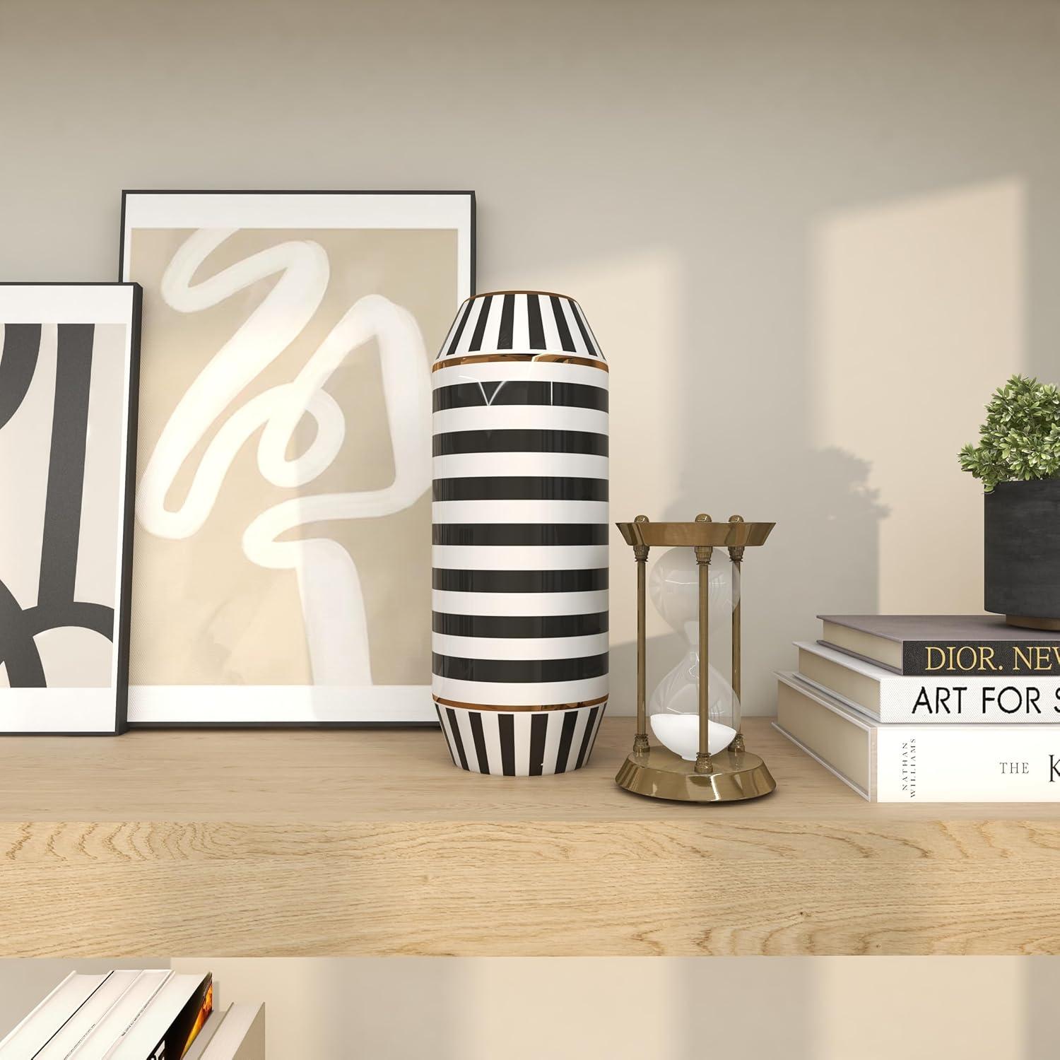 DecMode 16" Striped Black Ceramic Vase with Gold Accents