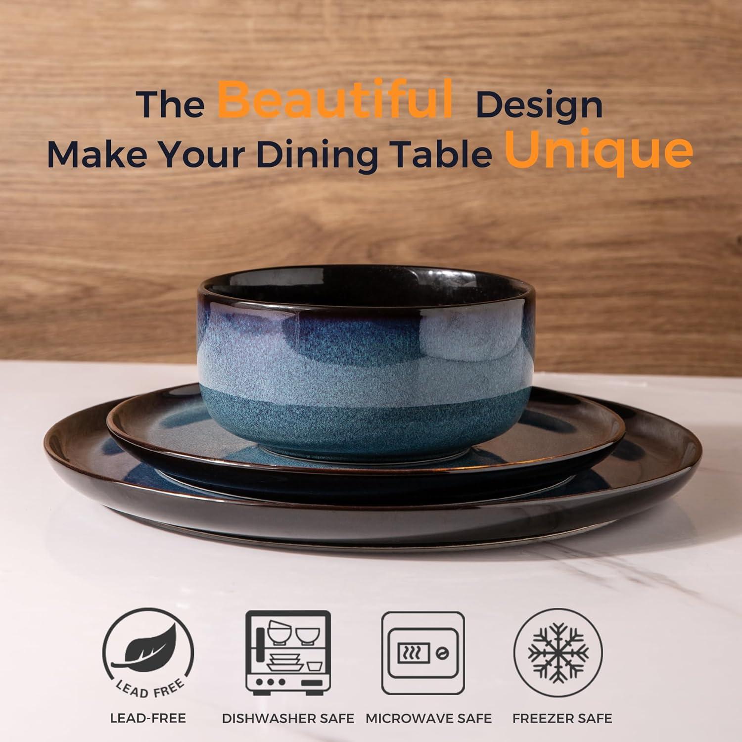 Tableware Set Of 4, Plates And Bowls Set, Handmade Reactive Glaze Cutlery Set, Chip And Scratch Resistant | Oven, Dishwasher And Microwave Safe, Set Of 4 Blue