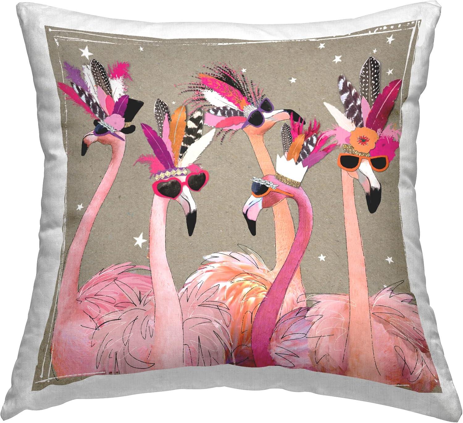 Fancy Feathers Pink Flamingos Square Throw Pillow Set