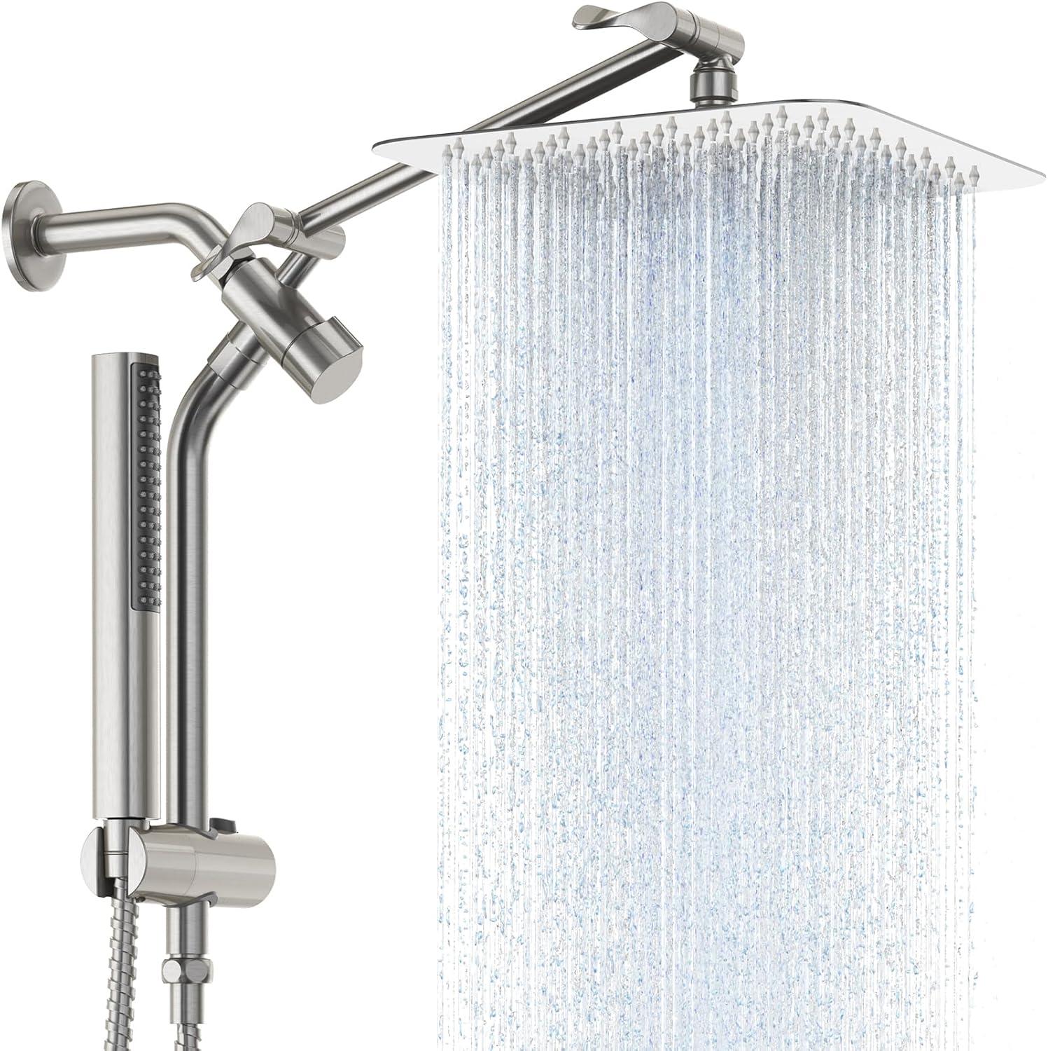 Veken Brushed Nickel Shower Head, 10'' All Metal Rain Shower Heads with Handheld Spray Combo, Hand Held Bathroom Combo with Extension Arm, Dual shower with Power Wash, Adjustable Rainfall Showerhead
