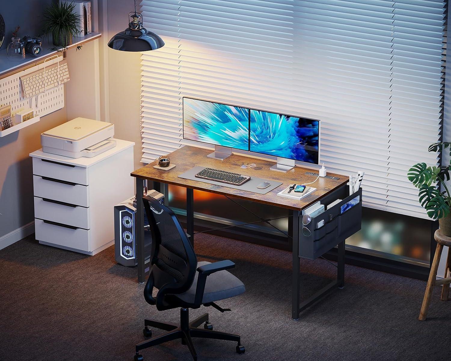 KKL Small Desk with Power Outlets and USB Port Computer Desk for Home Office Gaming Simple Modern Style Writing Desks with Storage Bag Headphone Hook, 40 inch, Rustic Brown