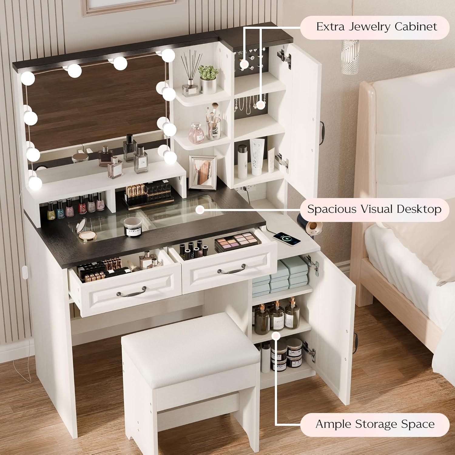 Hommpa Vanity Set with Mirror, Girls Makeup Vanity with  LED Lights, White Vanity Desk with Drawers, Vanity Table with Charging Station for Women Bedroom Storage
