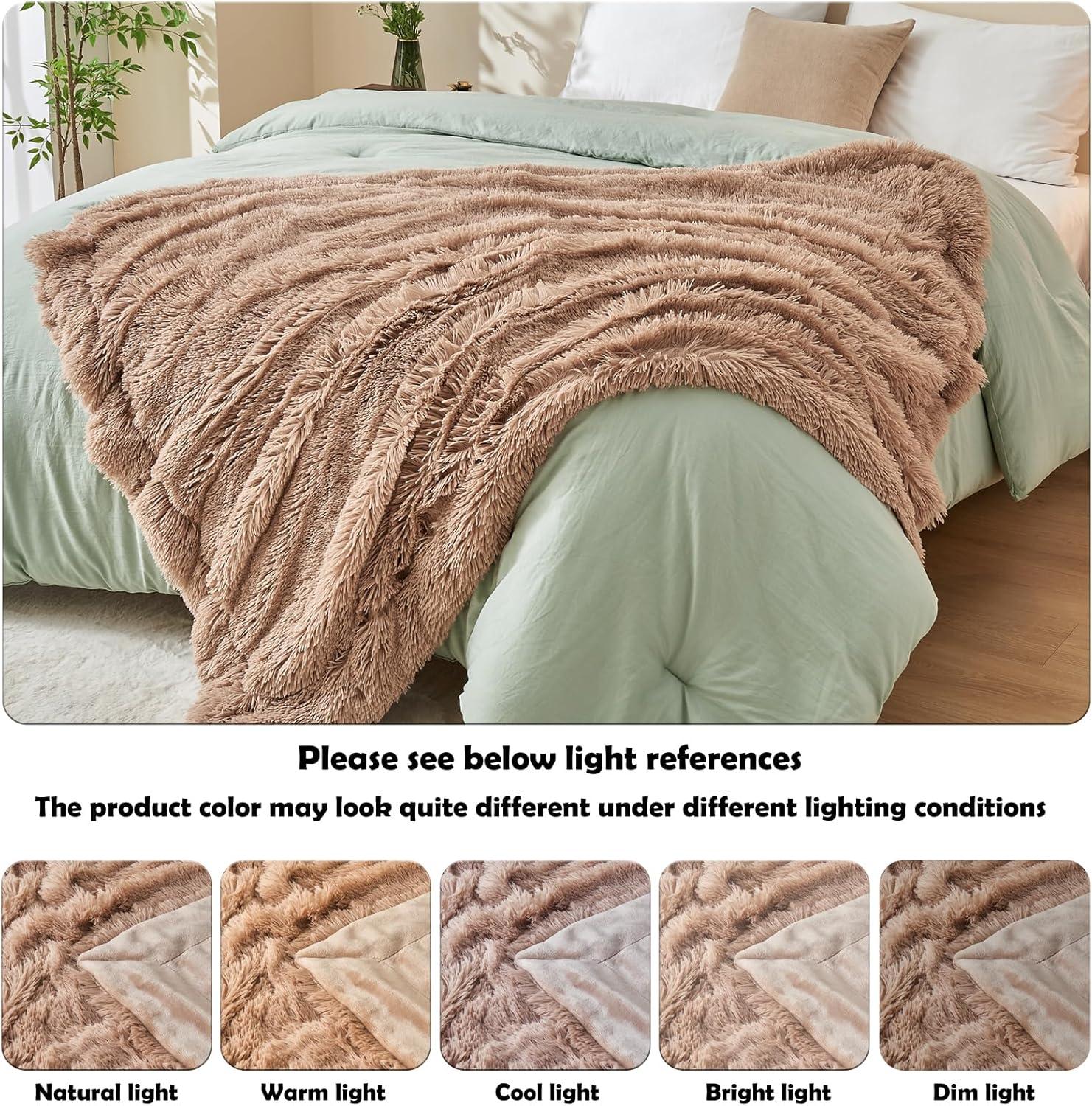 PAVILIA Soft Fluffy Faux Fur Throw Blanket, Taupe Tan Camel, Shaggy Furry Warm Sherpa Blanket Fleece Throw for Bed, Sofa, Couch, Decorative Fuzzy Plush Comfy Thick Throw Blanket, 50x60 Inches