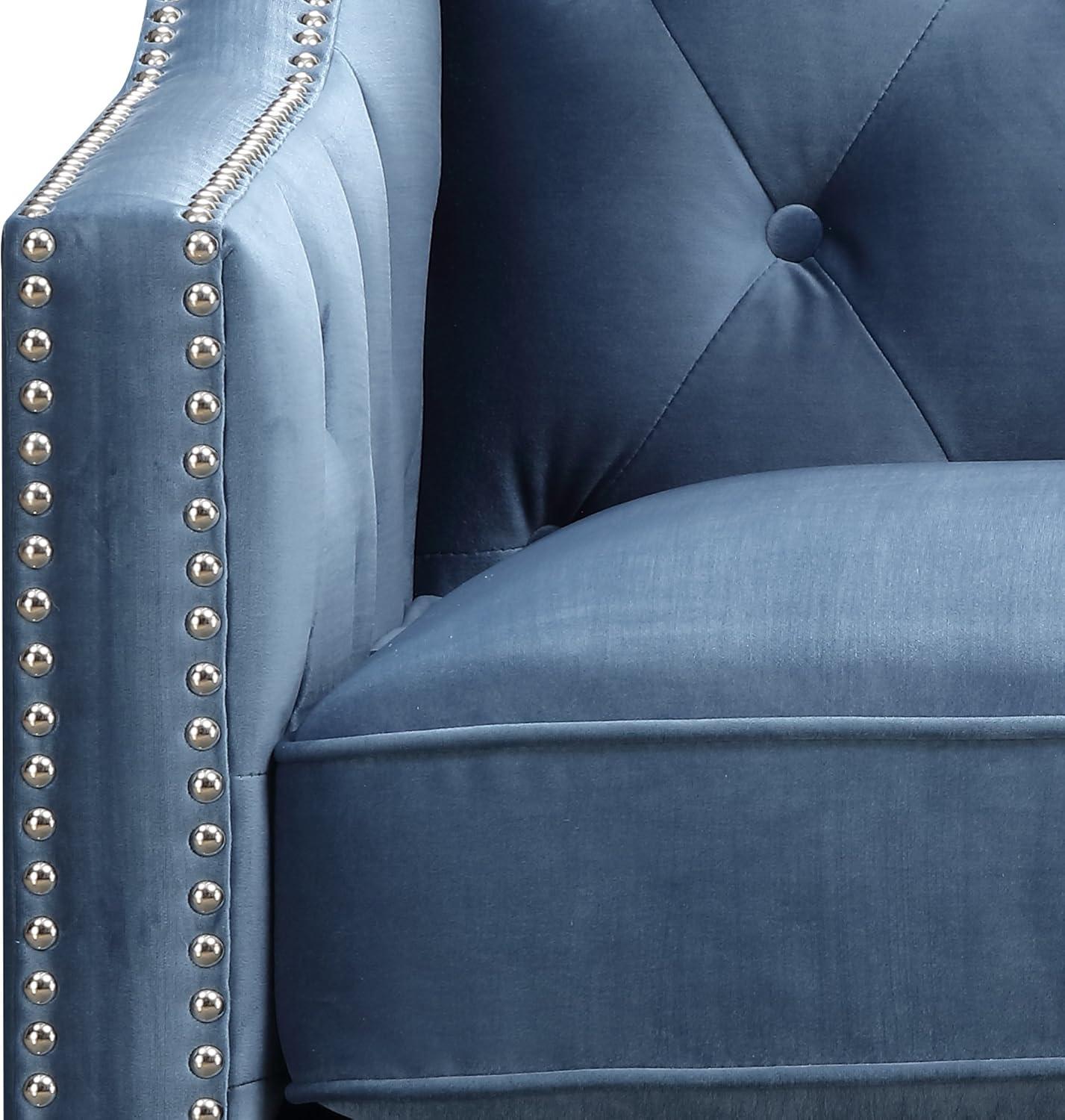 Marine Blue Velvet Square-Arm Accent Chair with Silver Nailhead Trim