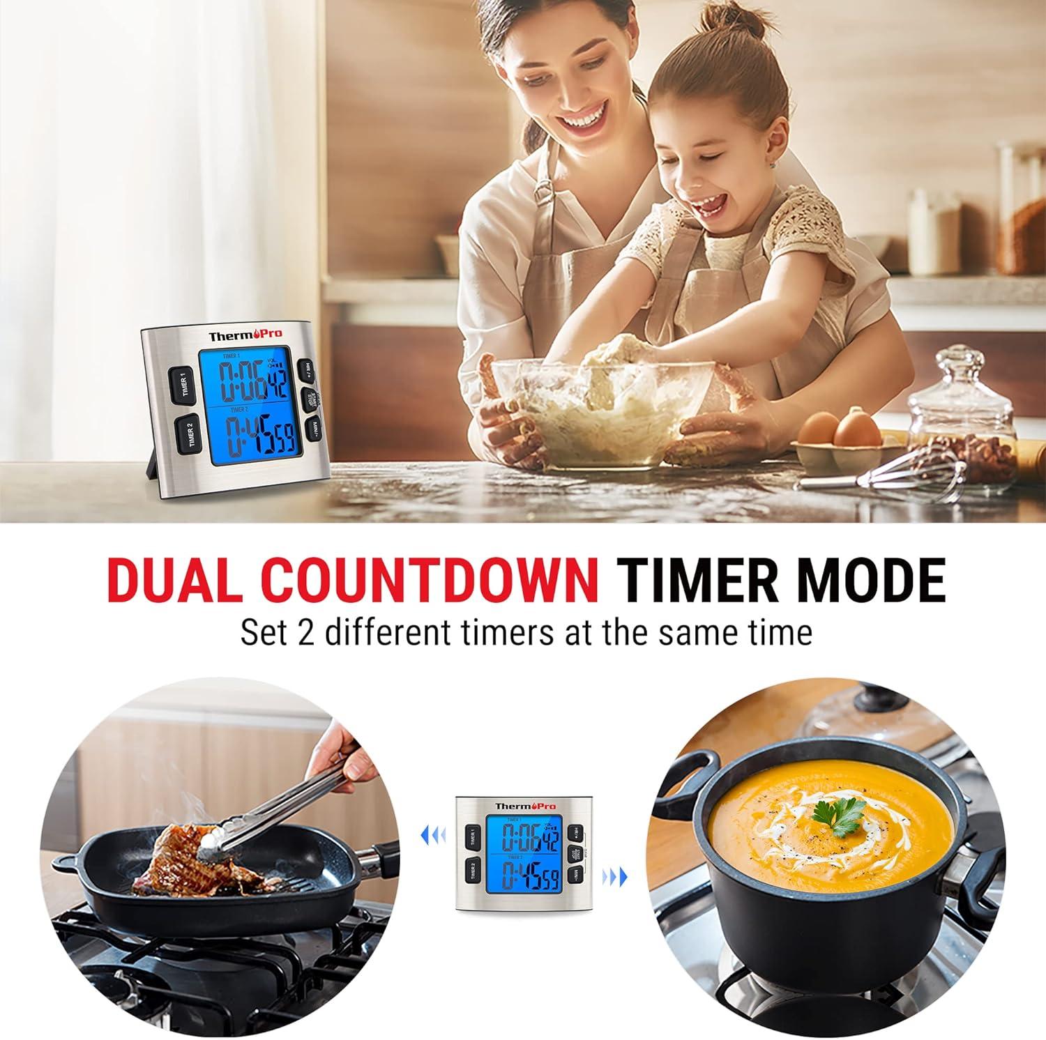 ThermoPro TM02 Digital Kitchen Timer with Dual Countdown Stop Watches Timer, Magnetic Timer Clock with Adjustable Loud Alarm and Backlight LCD Big Digits, 24 Hour Digital Timer for Kids Teachers