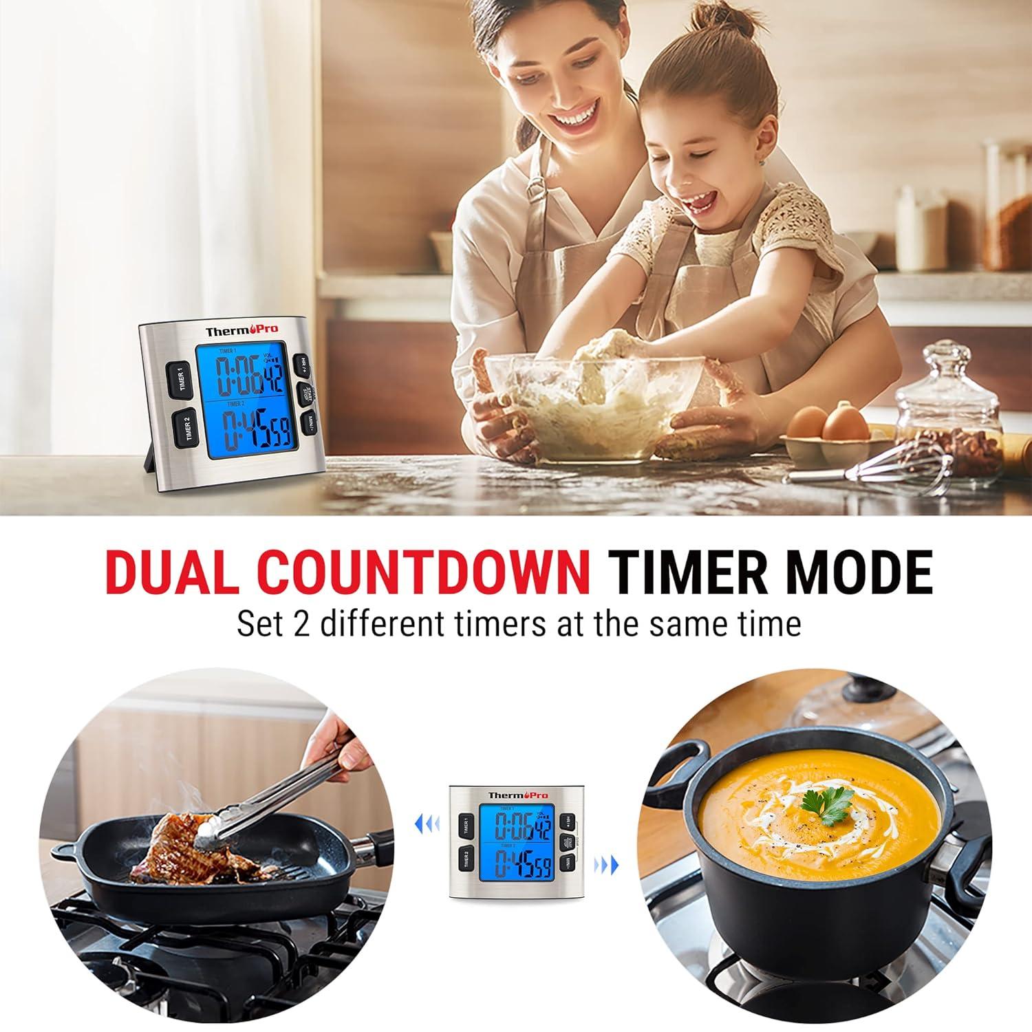 ThermoPro TM02 Digital Kitchen Timer with Dual Countdown Stop Watches Timer, Magnetic Timer Clock with Adjustable Loud Alarm and Backlight LCD Big Digits, 24 Hour Digital Timer for Kids Teachers