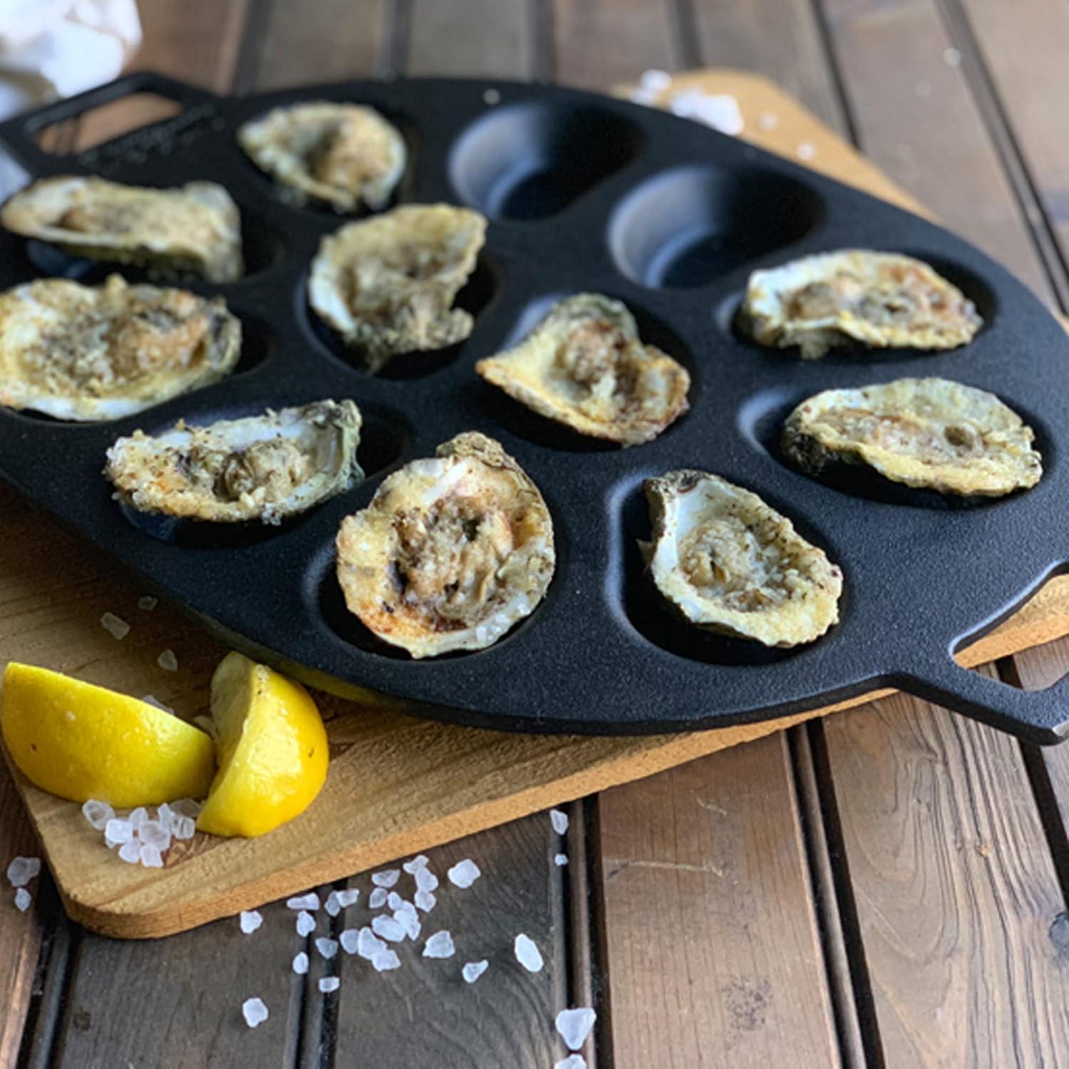 Bayou Classic 7413 Cast Iron 12 Shellfish Shaped Oyster Grill and Serve Kitchen Cooking Pan for Shucked or Half-Shell Seafood, Black