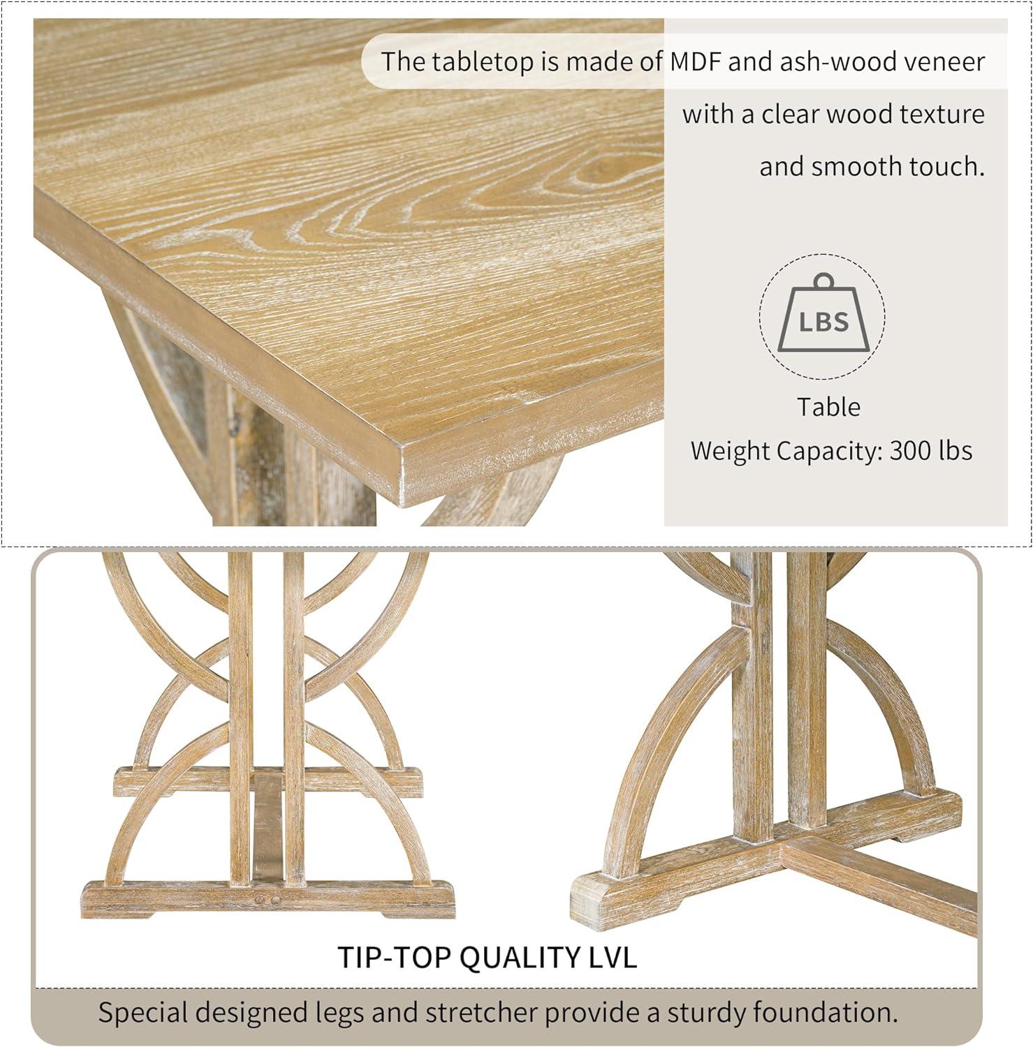 Merax 6-Piece Retro Dining Table Set, Rubber Wood Rectangular Table with Unique Legs and 4 Upholstered Chairs & 1 Bench for Dining Room and Kitchen (Natural Wood Wash)