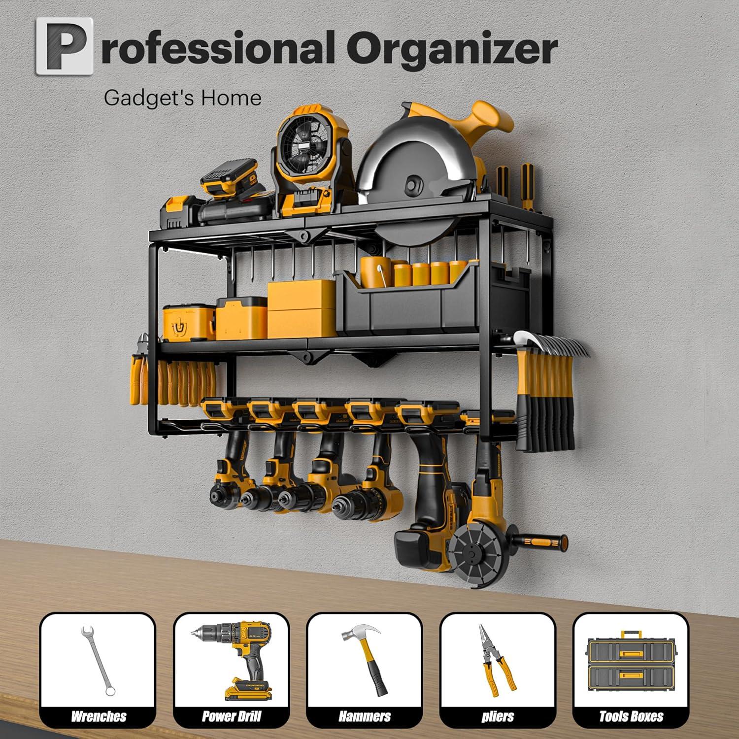 Power Tool Organizer Wall Mount with Charging Station, Garage Tool Shelf 6 Drill Holders, Tool Battery Holder with Screwdriver Heavy Duty Rack, Tool Storage Rack with 4 Outlet Power Strip