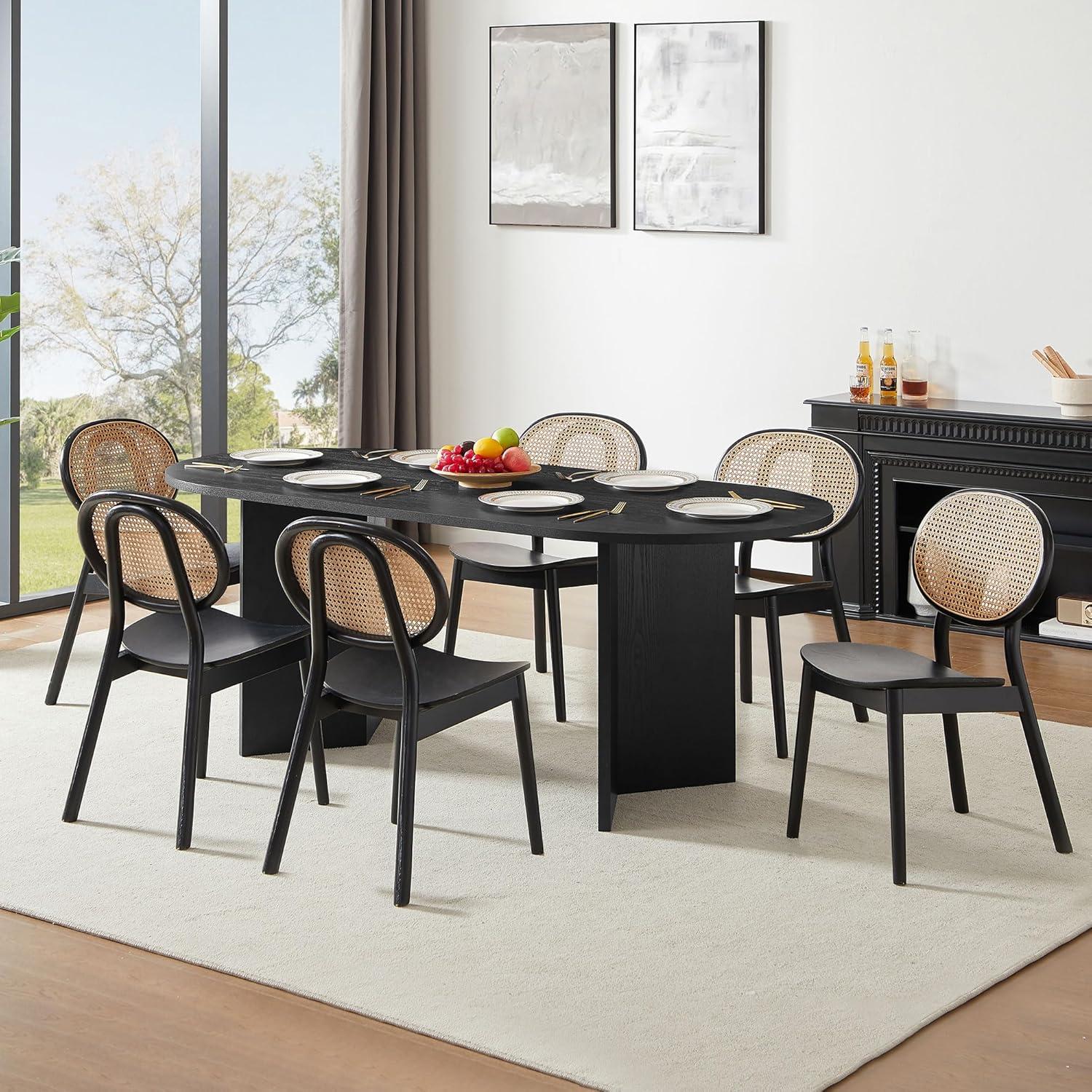 78" Black Oval Dining Table for 6 8 Person Wooden Kitchen Table Wood Dining Room Table Curved Meeting Tables Oval Conference Table with Wood Butterfly Base for Office