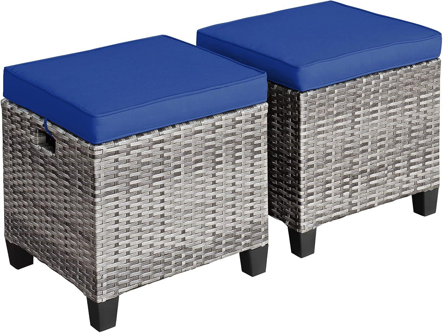 Patiojoy Set of 2 Outdoor Rattan Cushioned Ottoman Seat All Weather Patio Ottoman Footrest Navy