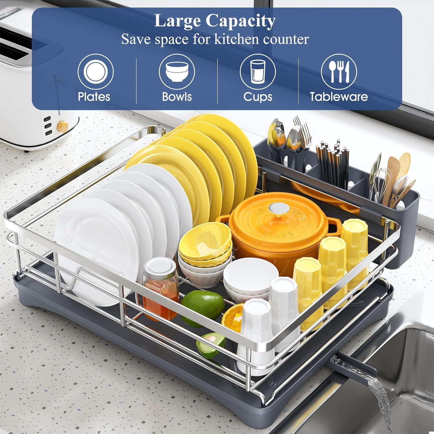 BEACHWATER POOL & SPA, LLC Dish Drying Rack For Kitchen Counter - Large Dish Rack With Drainboard, Rustproof Dish Drainer With Utensil Holder For Sink