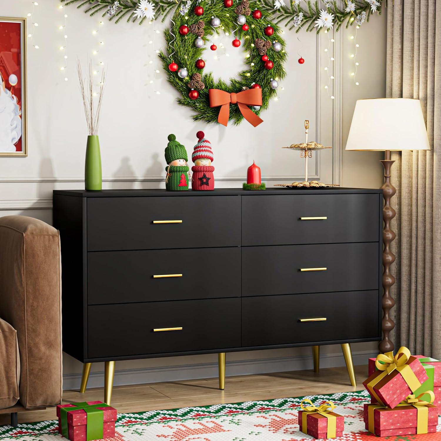 Black Modern 6-Drawer Dresser with Gold Handles