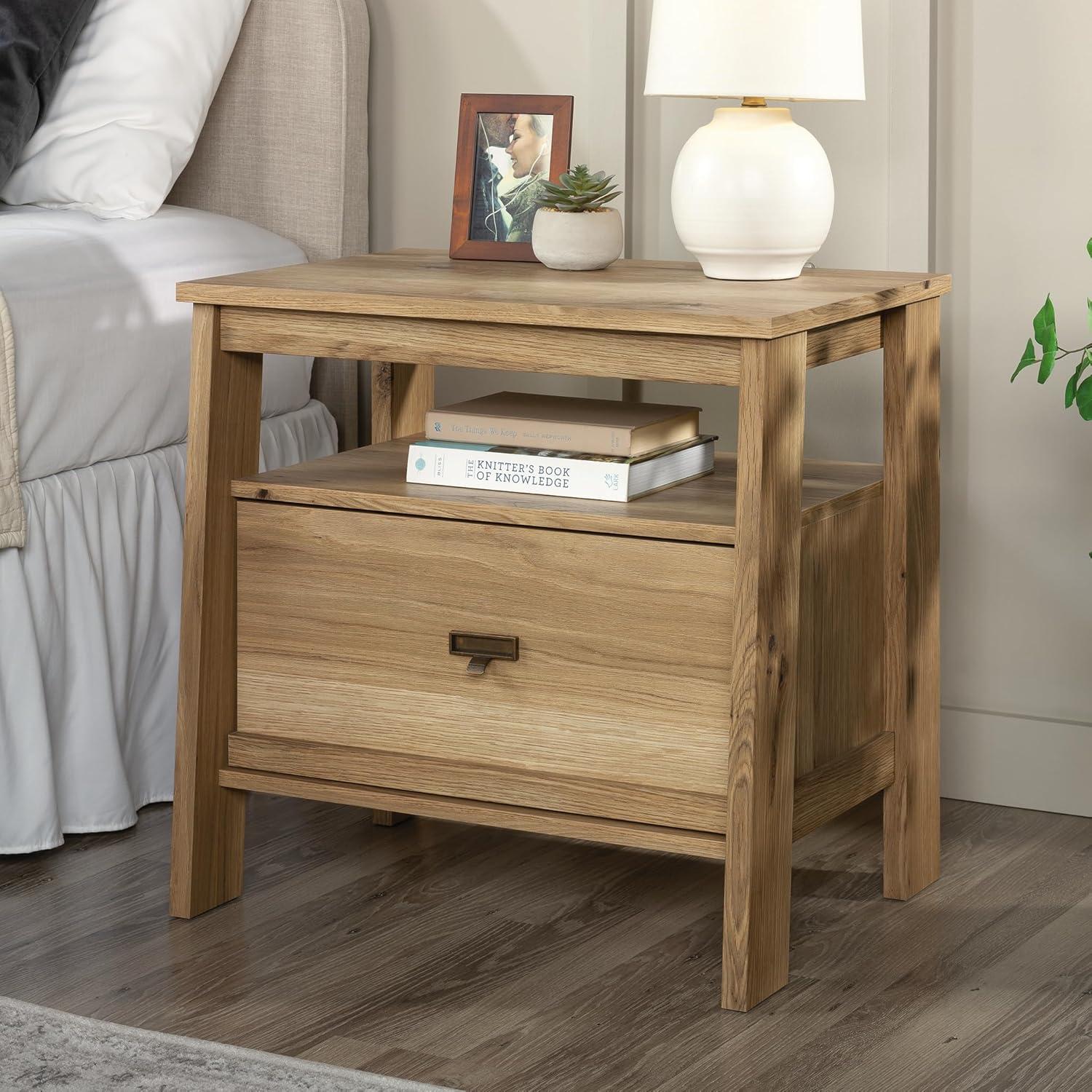 Trestle 1 Drawer Night Stand Timber Oak - Sauder: Open Shelf, Smooth Metal Runners, MDF Frame