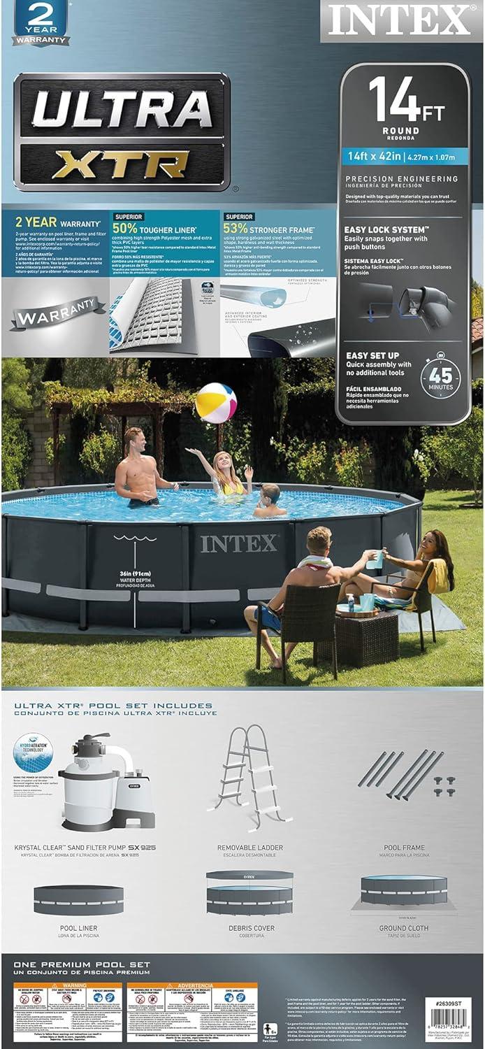 Intex Ultra XTR Frame 14'x42" Round Above Ground Outdoor Swimming Pool Set with Sand Filter Pump, Ground Cloth, Ladder, and Pool Cover