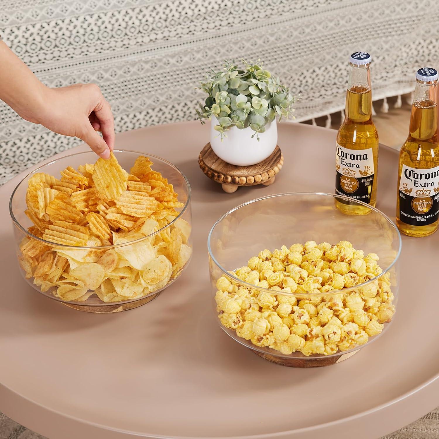Large Salad Bowl Set, Glass Salad Bowl with Acacia Wood Base and Salad Serving Utensils, 150 oz Trifle and Fruit Bowl, Serving Bowls for Dessert, Popcorn, Chips, Pasta, Microwave & Dishwasher Safe