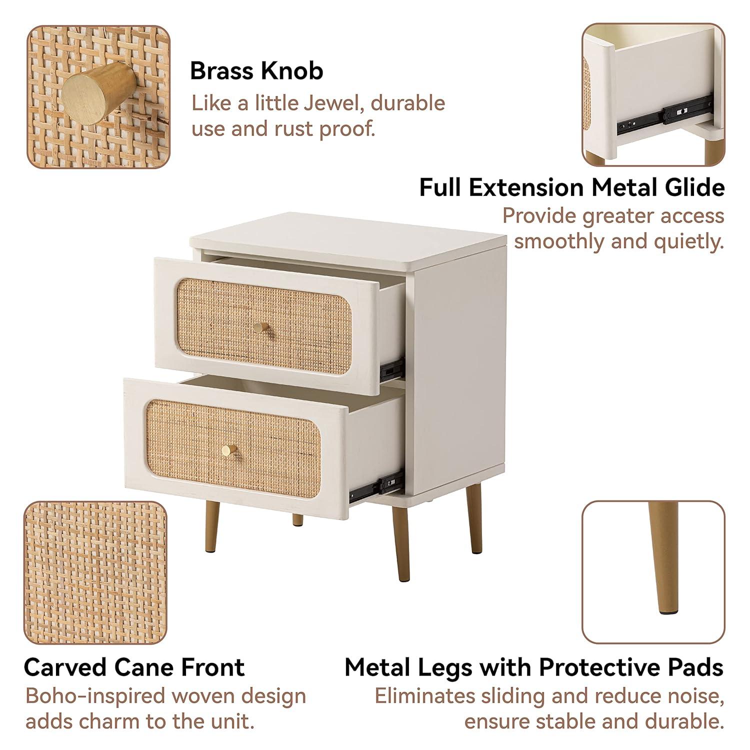 Wicker Rattan Nightstand, 2-Drawer End Table White Finish Side Table for Small Spaces, Modern Farmhouse Wooden Bedside Table, Boho Mid-Century Coastal Storage Cabinet