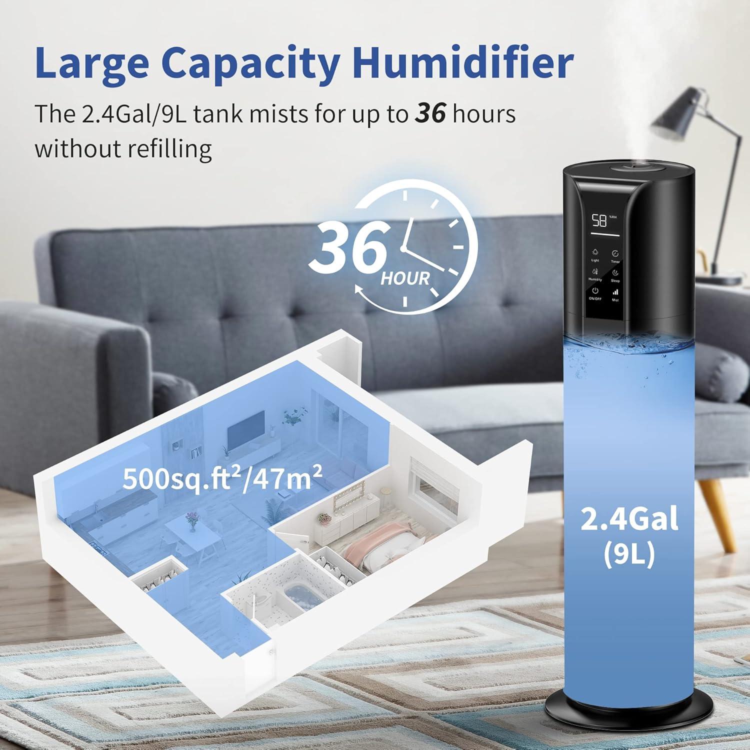 Sejoy Humidifier for Room Home Bedroom, 9L 2.4Gal Cool Mist Tower Top Fill Large Humidifier with Essential Oils,Whole House Floor Humidifiers for Baby,Pets,Plants,with Remote,360° Nozzle,Black