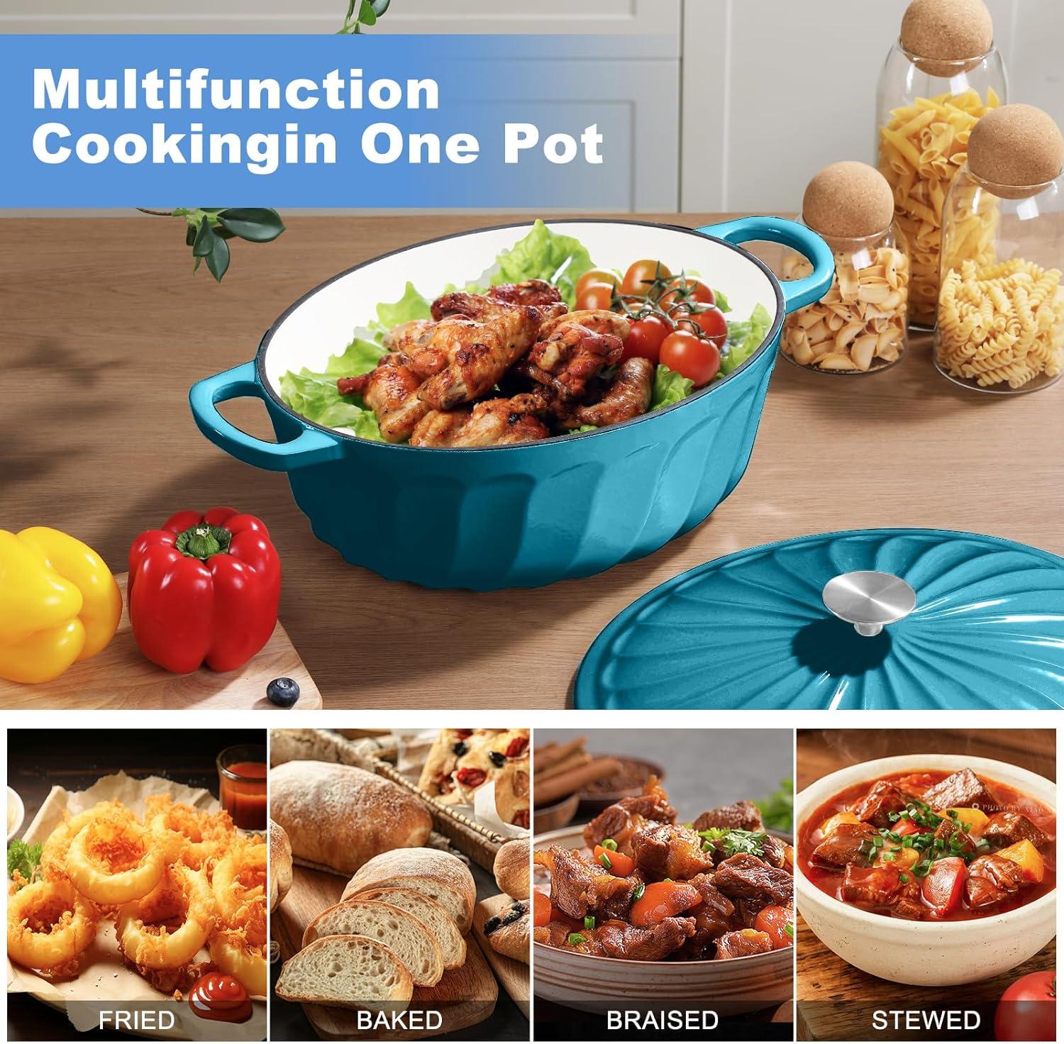 4 SEASONS FURNITURE 7 QT Enameled Cast Iron Oval Dutch Oven with Lid – Non-Stick Coating & Dual Handles